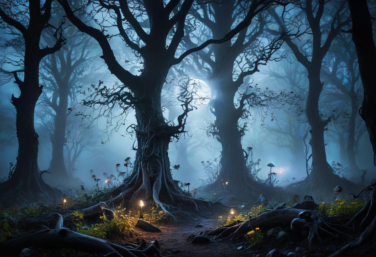 A haunting, enchanting scene featuring a mystical forest shrouded in mist, with twisting trees and glowing mushrooms. Dark, whimsical elements like a shadowy figure observing from a distance, intricate skulls adorned with vines and flowers scattered throughout. The moon casts an eerie glow, illuminating the enchanting beauty of the macabre. surrealism, dark fantasy, vibrant colors.