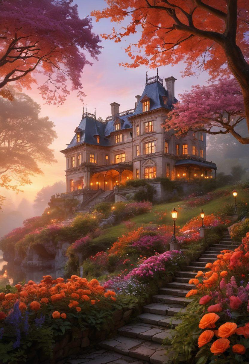 A stunning landscape blending eerie, misty forests with vibrant flowers and glowing lanterns, showcasing a transition from spooky to gorgeous. The scene should feature a haunted mansion in the distance, illuminated by a warm sunset. Ethereal spirits dance among the blossoms, adding a whimsical touch. The atmosphere is enchanting and inviting yet retains an element of mystery. painterly style, rich colors, ethereal glow.