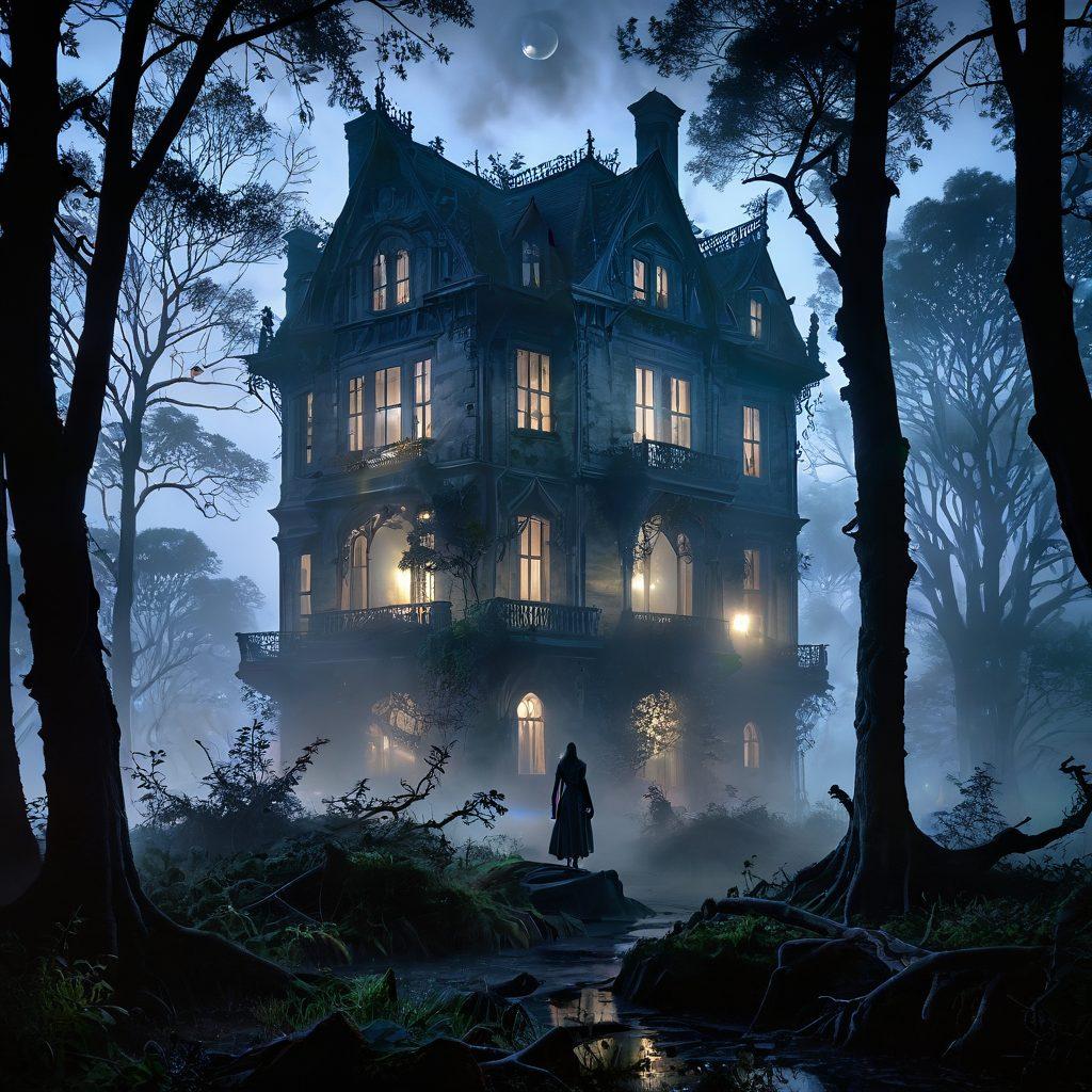 A misty forest at twilight, where towering, ancient trees create ghostly shadows and ethereal lights flicker in the underbrush. In the foreground, a mysterious figure draped in faded lace gazes contemplatively at a distant, crumbling mansion veiled in fog. Wisps of smoke curl around the ground, and faint, luminous orbs hover in the air, evoking a haunting, otherworldly atmosphere. super-realistic. dark hues with contrasting highlights. mystical ambiance.